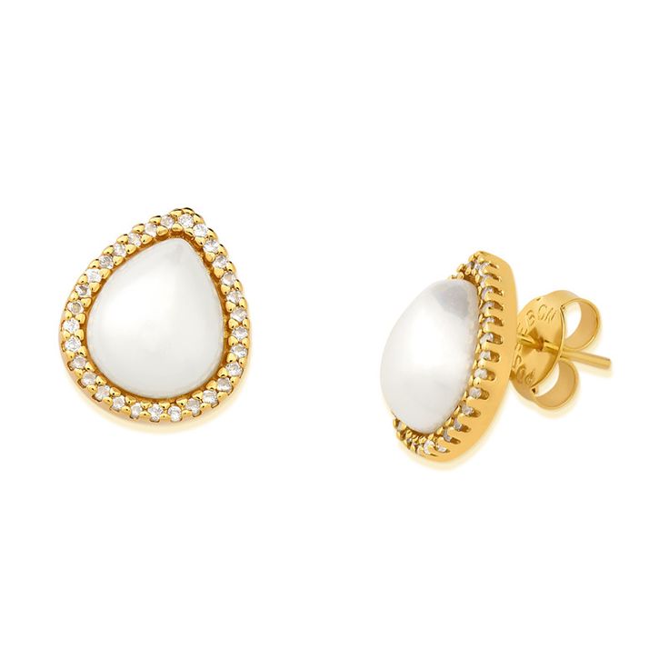 Gold-Plated Earrings with White Zirconias and White Shell Pearl