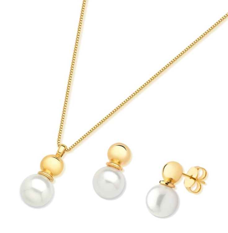 Gold-Plated Set of Earrings and Necklace with White Shell Pearl